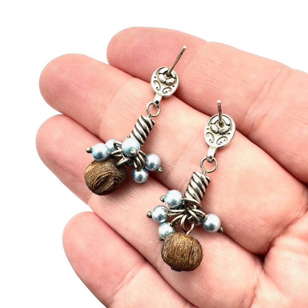Brighton Womens Earrings Crystal Pearl Wood Chandelier Silver Pierced Earrings - Picture 6 of 6